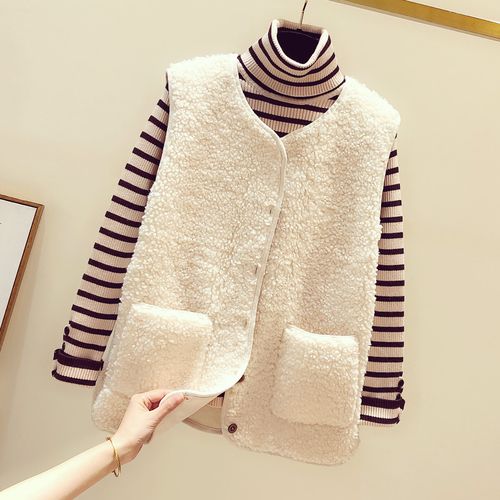 短款羊羔毛马甲女宽松秋冬新款韩版皮毛一体背心外套女士马夹洋气