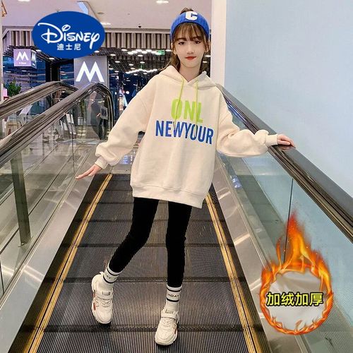 支持国货鴻星·尔克迪士尼(disney)女童加绒卫衣连帽上衣秋冬装2021