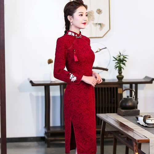 明星同款福缘2021秋季改良棉质修身喜庆妈妈装婚礼中国风绣花旗袍裙