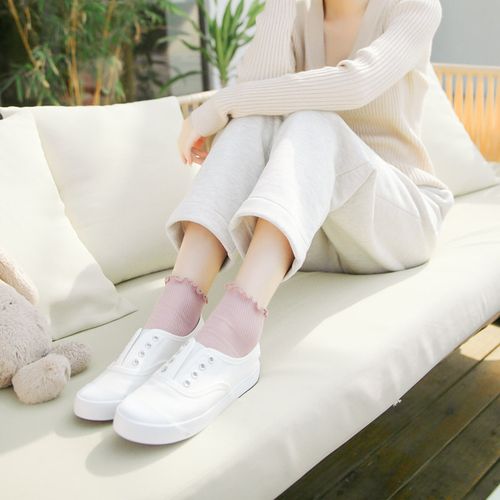 日系纯色木耳花边短袜女复古公主森系女短筒条纹基础白鞋花边袜子