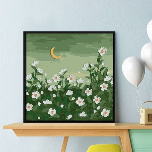 r51-xf037月下小白花 40*40cm绷好实木内框-【彩底】  见详情