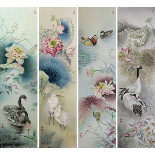 【有步骤,大彩图】郑玲玲工笔画白描底稿四条屏《春夏秋冬》zl98