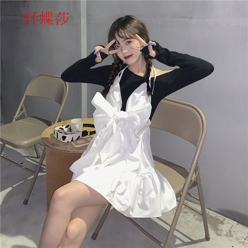 轩蝶莎 吊带连衣裙女蝴蝶结法式复古白色公主裙子2022夏季小个子套装