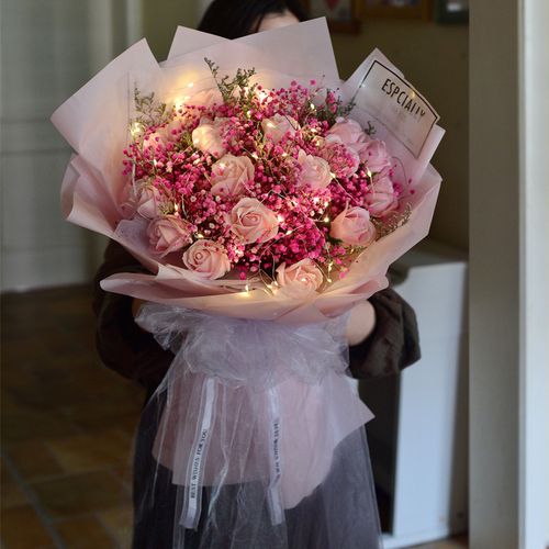 大束满天星干花灯花束玫瑰花永生花情人节女友生日礼物送女生闺蜜