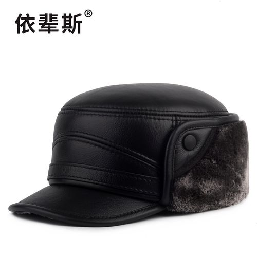 真皮帽子男冬天牛皮平顶帽中老年保暖棉帽护耳老人帽爸爸爷爷皮帽