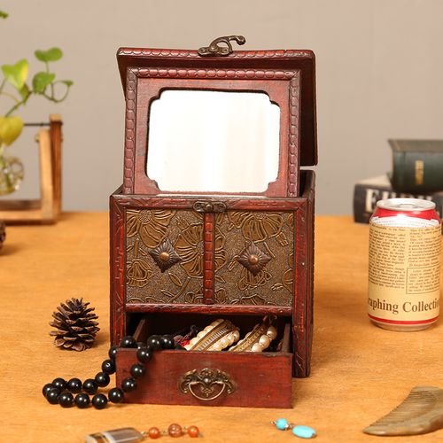 爆款仿古首饰箱复古做旧梳妆盒珠宝首饰木盒桌面化妆盒