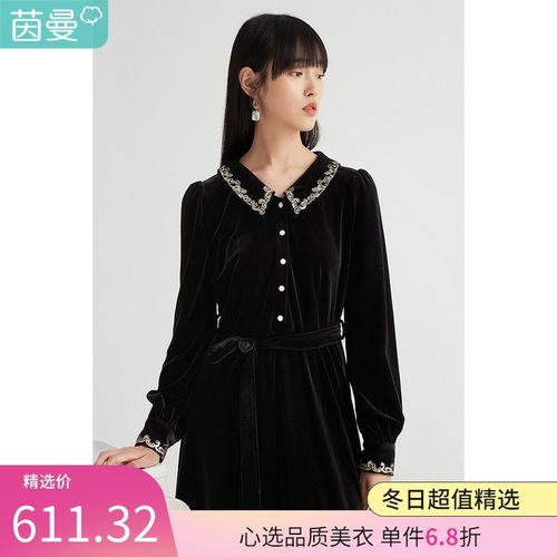 【商场同款】茵曼2021秋季新款女复古刺绣丝绒感收腰长袖连衣裙