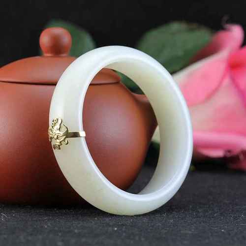 【灵德玉器】新疆和田玉金镶玉手镯 和田玉白玉镯子女款 55.5