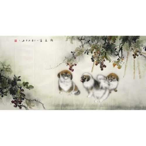 国画三狗图客厅办公室装饰画手绘四尺工笔走兽葡萄狗来福共甘苦43