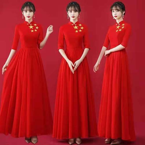 红歌合唱团演出服女长裙舞台朗诵建党表演服装大合唱指挥主持礼服