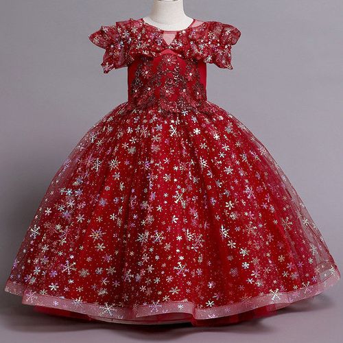 新款欧美女童礼服长款短袖花童婚礼小女孩公主裙主持服钢琴晚礼服