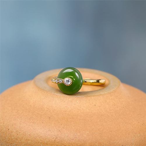 s925银镀金和田玉碧玉圆扣戒指时尚简约女式开口戒指