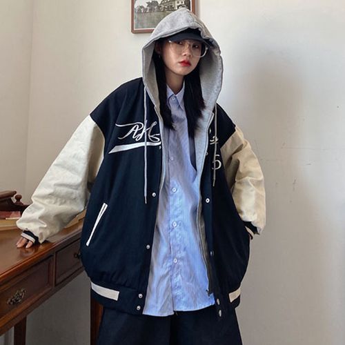 外套女ins潮2021年新款韩版宽松学生百搭bf加绒假两件棒球服卫衣