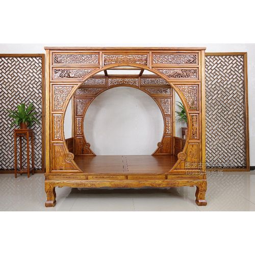 明清古床 双月洞床梅花新款雕刻架子床踏步床古典圆月