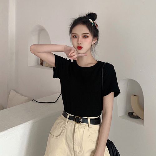 纯色t恤女短袖港风简约网红ins潮百搭洋气小心机上衣性感显瘦新款