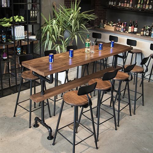 工业风实木吧台桌椅组合靠墙咖啡厅奶茶店酒吧台铁艺高脚桌家用
