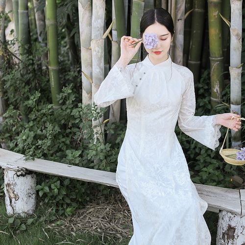 山有色春秋新款中国风气质丝绒提花仙女改良奥黛旗袍连衣裙