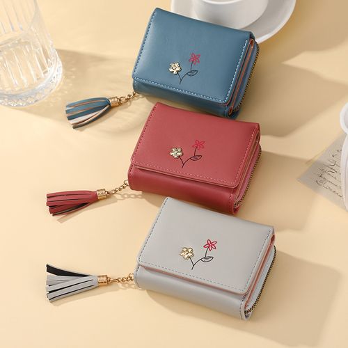 新款韩版短款拉链手拿钱包春夏潮流花朵图案卡包简约