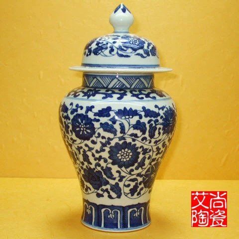 清乾隆缠枝莲纹青花将军罐手绘景德镇青花瓷器花瓶陶瓷客厅摆件
