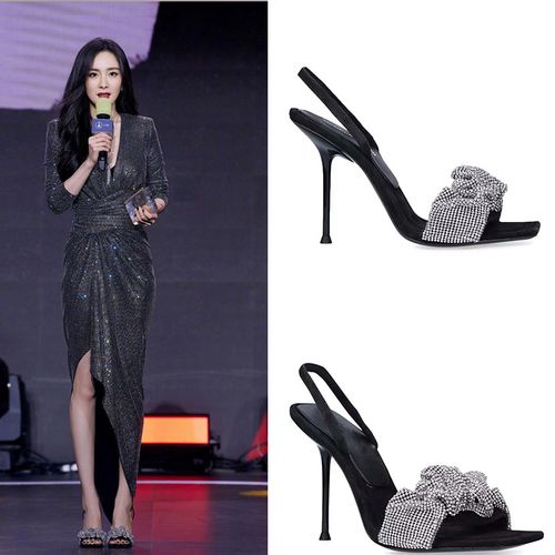 ideamini杨幂同款方头露趾皮一字带水钻凉鞋女2021夏大王细跟时尚高跟