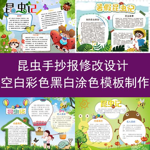 昆虫手抄报模板空白彩色电子版小报黑白涂色填色线稿