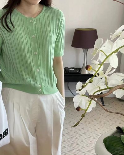 韩国东大门lamagiepie正品针织短袖单排扣圆领女开衫