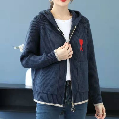 针织衫女新款洋气外套拉链绣花连帽开衫毛衣秋冬装加厚加大卫衣
