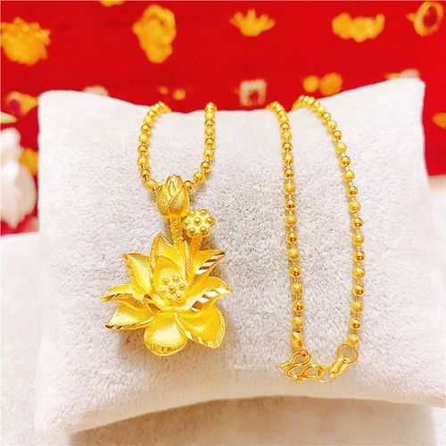 沙金气质荷花吊坠项链女复古风莲蓬莲花坠配圆珠链仿真镀金项链