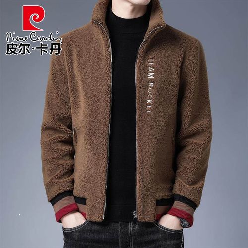 皮尔卡丹品牌高档男装 秋冬外套男加厚休闲宽松仿羊羔毛皮毛一体夹克