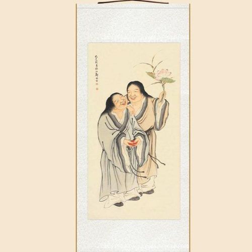 和合二仙图 家庭和睦婚姻美满寓意神仙卷轴挂画 绢布装饰字画定制