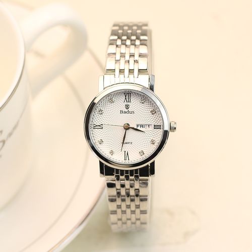 罗马数字镶钻双日历钢带情侣手表韩版潮流男士商务石英表学生表女