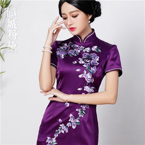 倾城粉黛高端定制新款改良时尚真丝中长款旗袍裙日常复古女士修