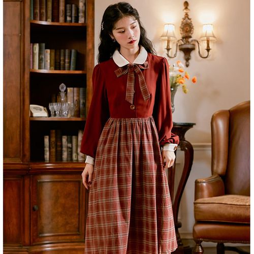 英伦风长裙复古民国风女装格子小洋装学院风小裙子气质学生连衣裙