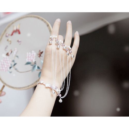 汉服古风手链戒指一体银色铃铛浅紫手镯指环套链古风手链唯美汉服古装