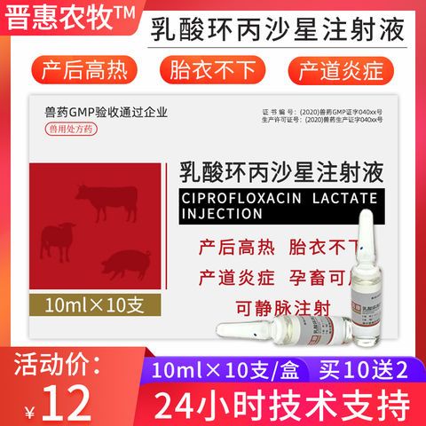 兽药乳酸环丙沙星注射液兽用产后康仔黄白痢肠炎产道炎症宠物直销