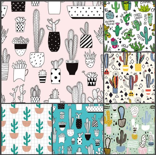 手绘仙人掌夏季夏天时尚矢量地毯墙纸无缝印花图案eps设计素材