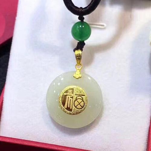 足金和田玉镶金吊坠 4d硬金金镶玉和田玉白透玉坠 福字平安扣真金