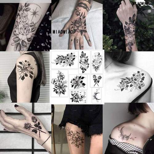 素花防水纹身贴腿部女持久大图案花朵暗黑系逼真花腿霸气社会刺青