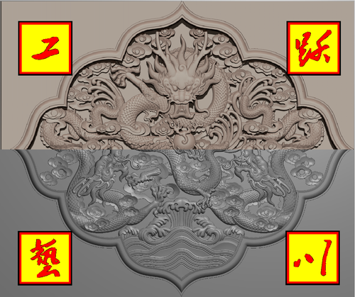 菱形三条龙精雕图 灰度图 雕刻图 浮雕图 砖雕挂件 木雕 石雕挂件