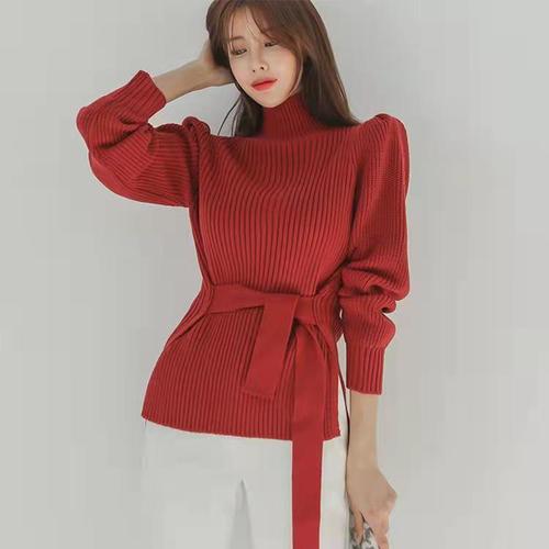 欧洲站2021韩版女新款优雅系带束腰针织衫显瘦加厚时尚开叉毛衣