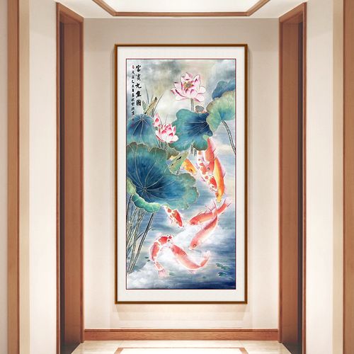 聚财九鱼图玄关装饰画新中式走廊过道竖版挂画入户壁画客厅风水