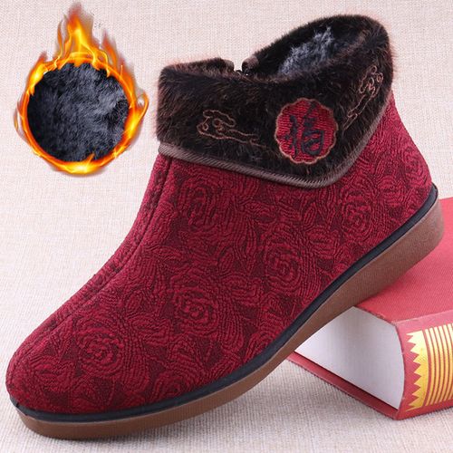 冬季加绒保暖奶奶棉鞋软底防滑中老年高帮老北京布鞋女棉鞋福字