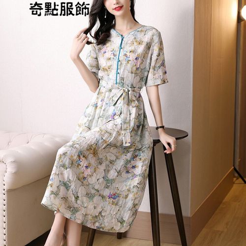 阔太太民族风苎麻裙子2021夏季新款女装贵夫人妈妈棉麻连衣裙(定制)
