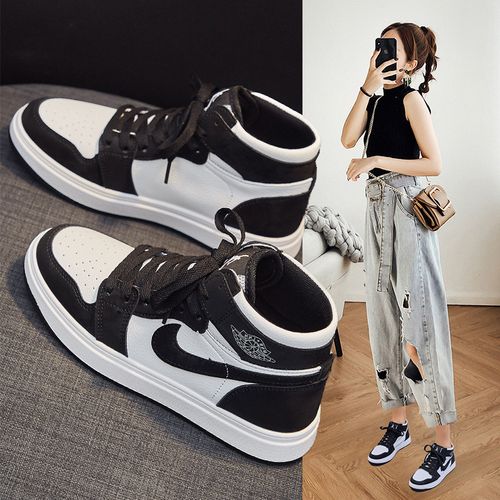 高帮运动鞋秋款黑白熊猫鞋平底板鞋女真皮aj鞋子女2022春款新款