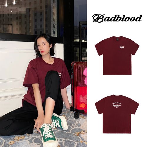 周雨彤同款 韩国潮牌badblood 背后字母刺绣酒红色宽松短袖t恤女