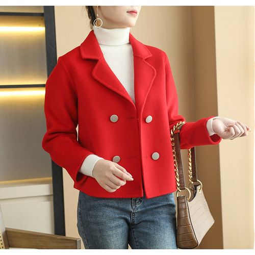 60羊绒双面绒短款上衣女季双面大衣女小个子修身毛呢外套艾优 红色