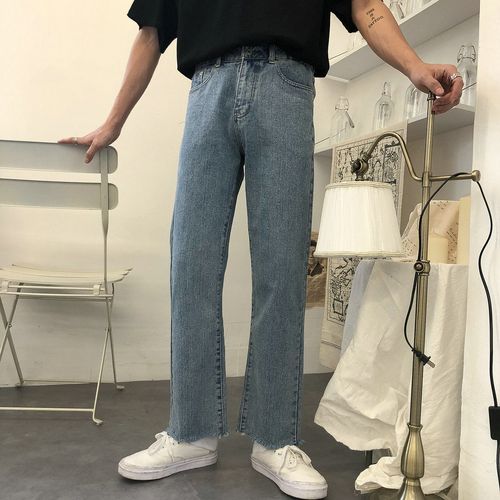 港风复古牛仔裤男士毛边宽松直筒韩版休闲九分裤百搭水洗基础款