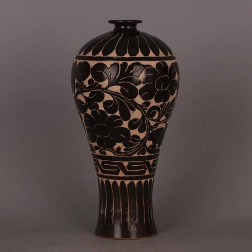 宋 磁州窑黑釉刻花梅瓶 宋代出土包老瓷器古典家居装饰收藏摆件