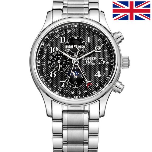 宾格(binger)手表全自动机械表精钢男表日月星辰8针多功能钢带白面