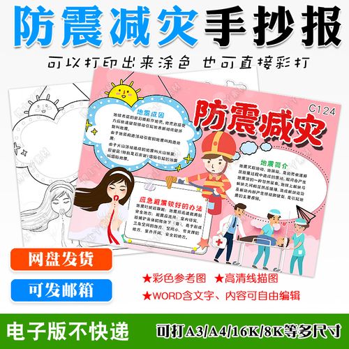 地震知识手抄报防震减灾珍爱生命小报黑白线描涂色线稿填色模板a3